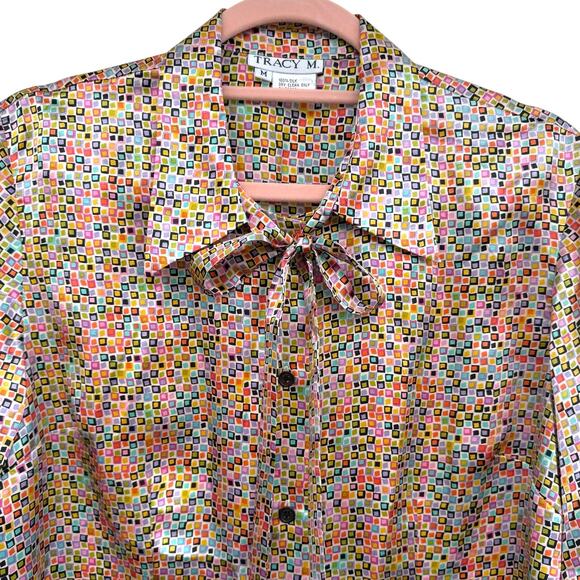 1990s Vintage 100% Silk Top Button Up Shirt Satin 3/4 Sleeve Blouse Bow Medium - Picture 4 of 9